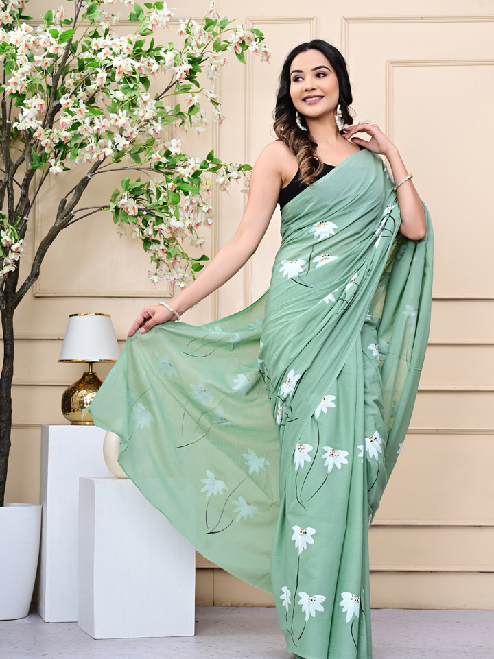 Summer Green Mulmul Cotton Saree – Brush Print