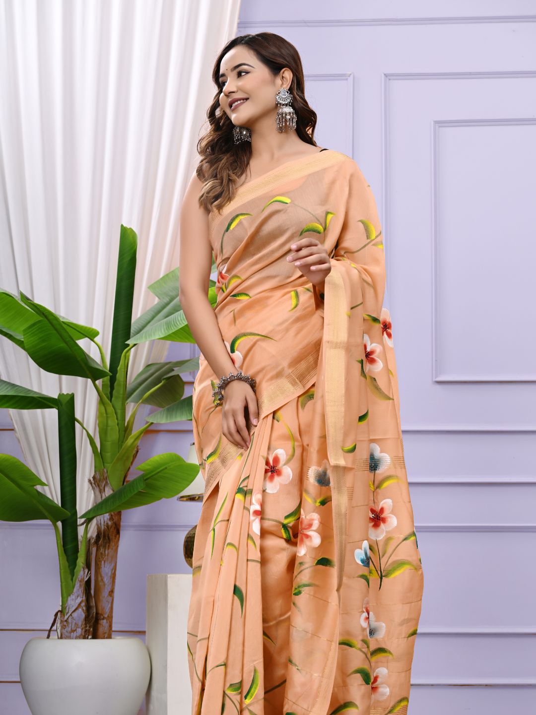 Premium Brush Painted Maheshwari Silk Saree
