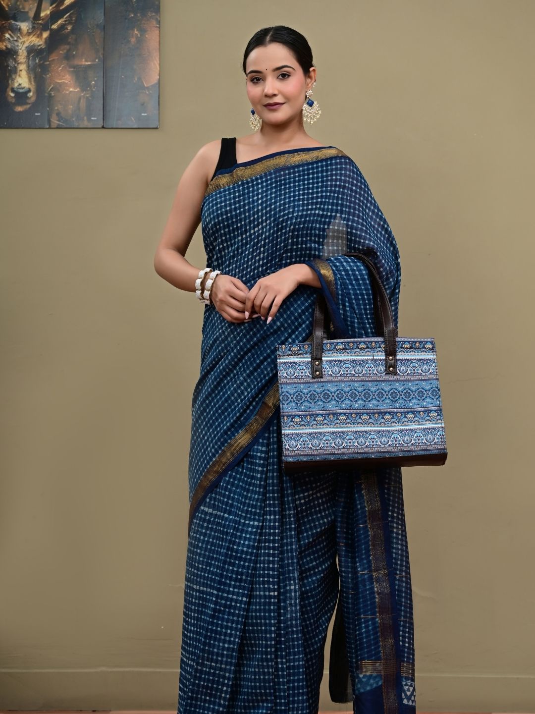 Indigo Check Box Design HandBlock Pure Maheshwari Silk Saree