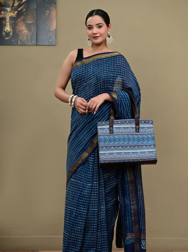 Indigo Check Box Design HandBlock Pure Maheshwari Silk Saree