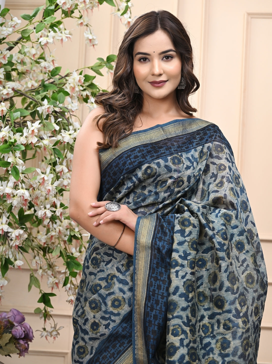 Timeless Vanaspati Ajrakh Indigo Dye Maheshwari Silk Saree with Blouse