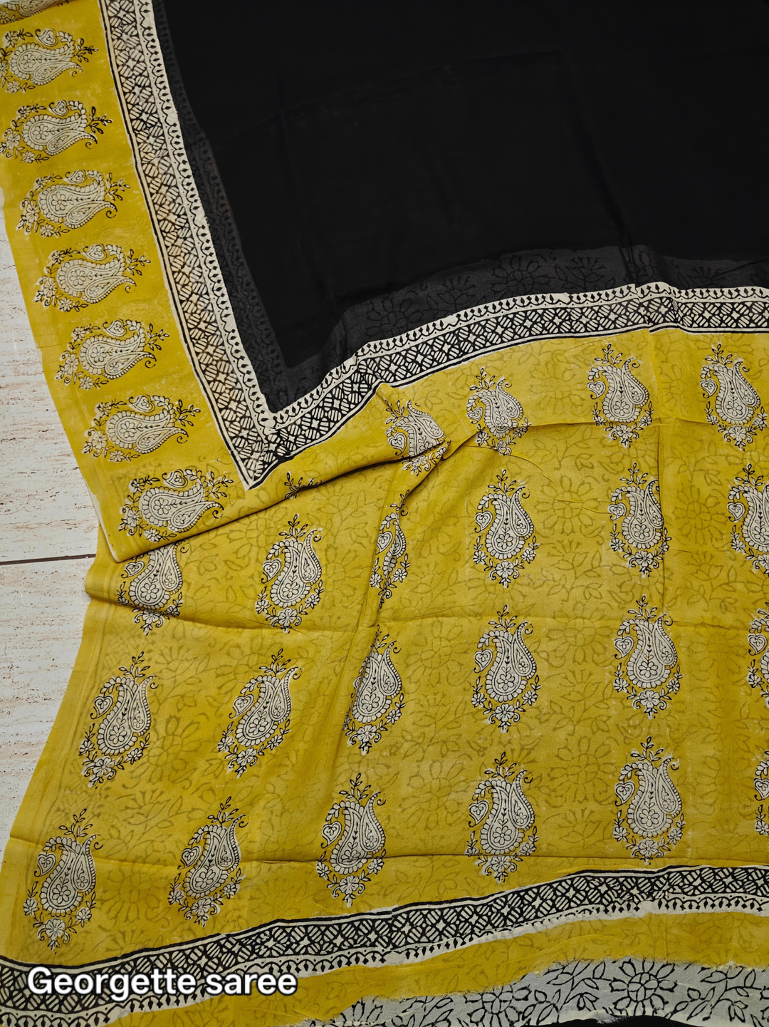 Yellow & Black Putai PatternBagru HandBlock Super Georgette Saree