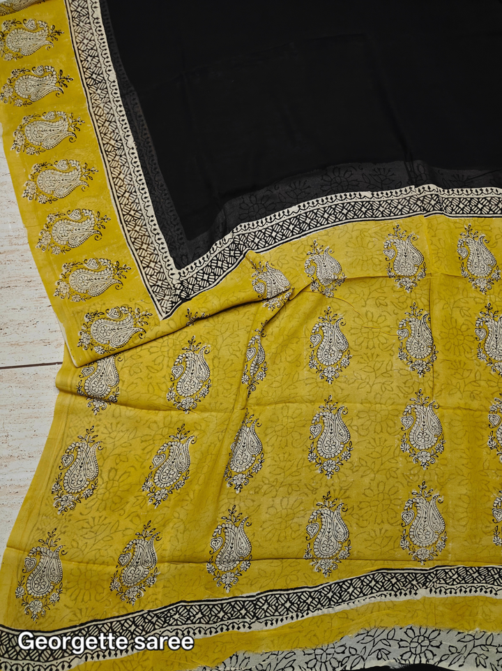 Yellow & Black Putai PatternBagru HandBlock Super Georgette Saree