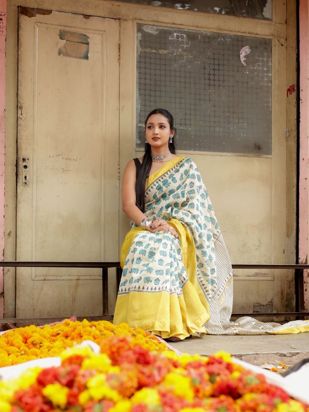 HandCrafted Elephant Design Pure Maheshwari Silk Saree