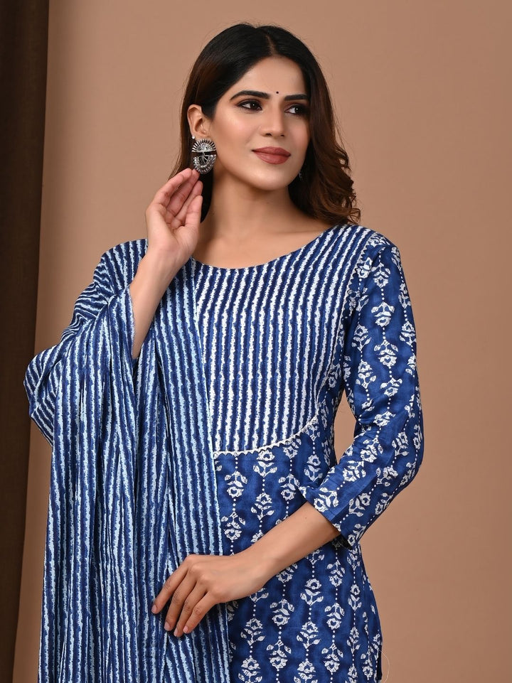 Blue Elegance Exclusive Handblock Printed Cotton Suit Set