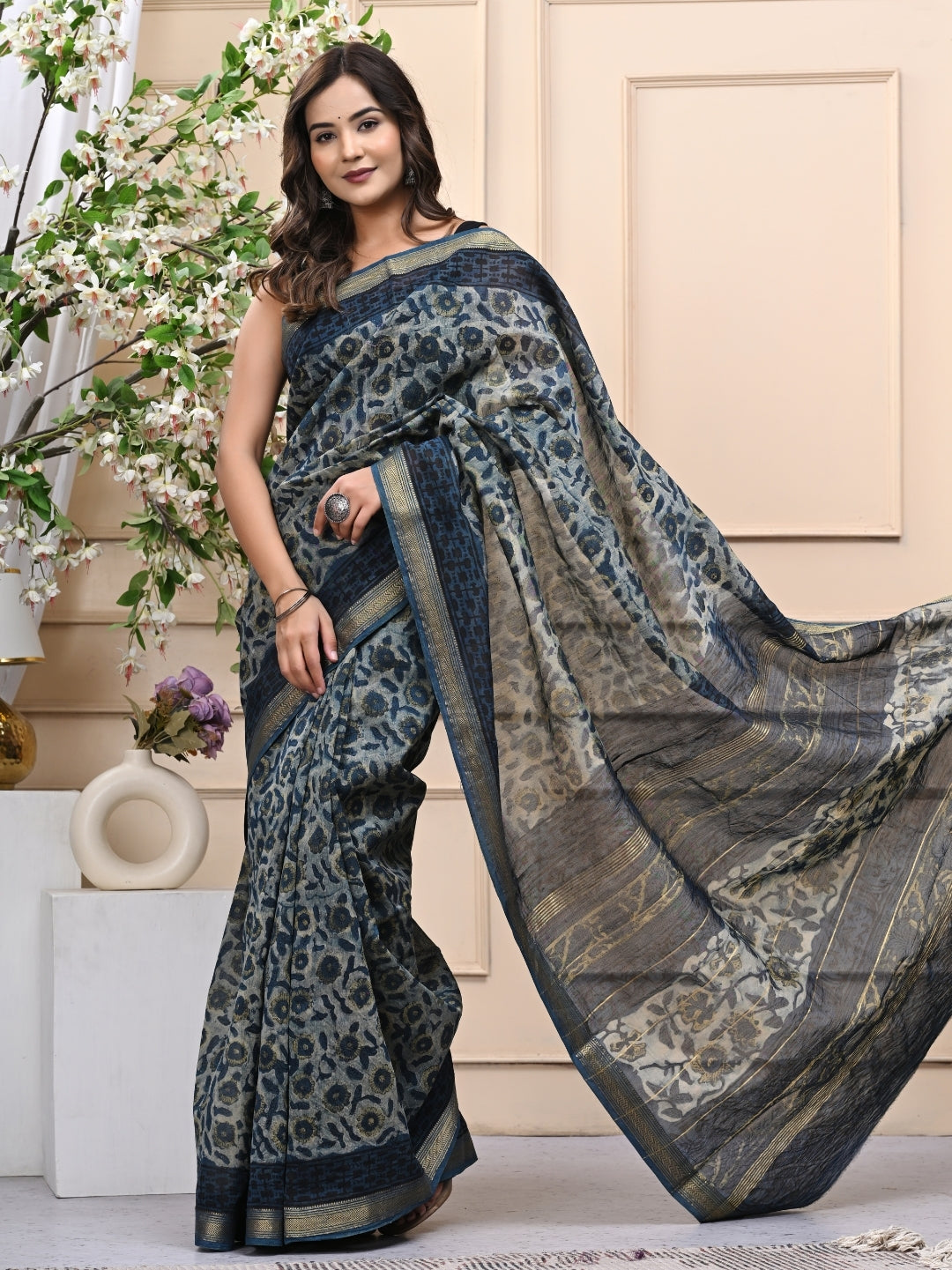 Timeless Vanaspati Ajrakh Indigo Dye Maheshwari Silk Saree with Blouse