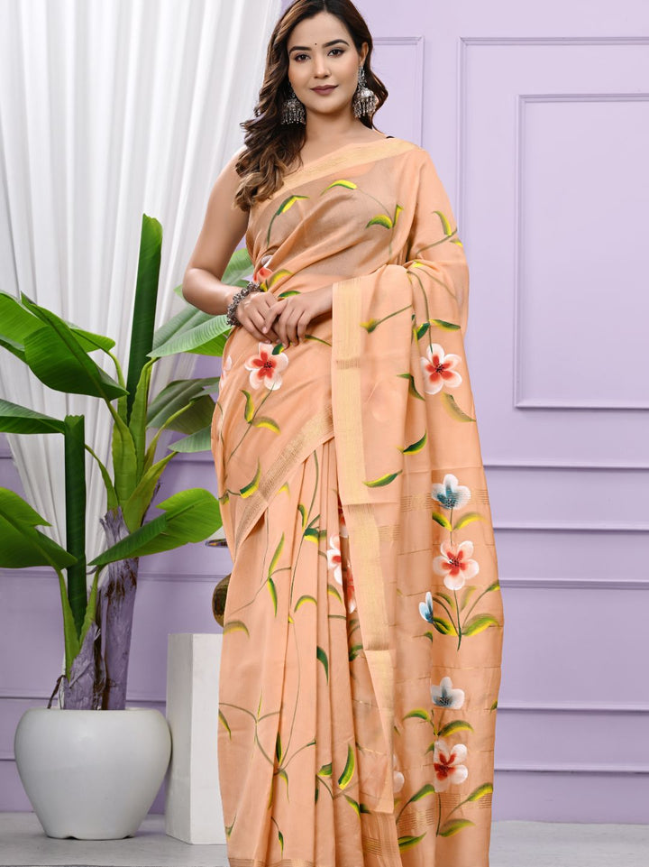 Premium Brush Painted Maheshwari Silk Saree
