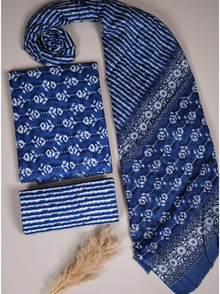 Handcrafted Blue Cotton Suit with Soft Mulmul Cotton Dupatta