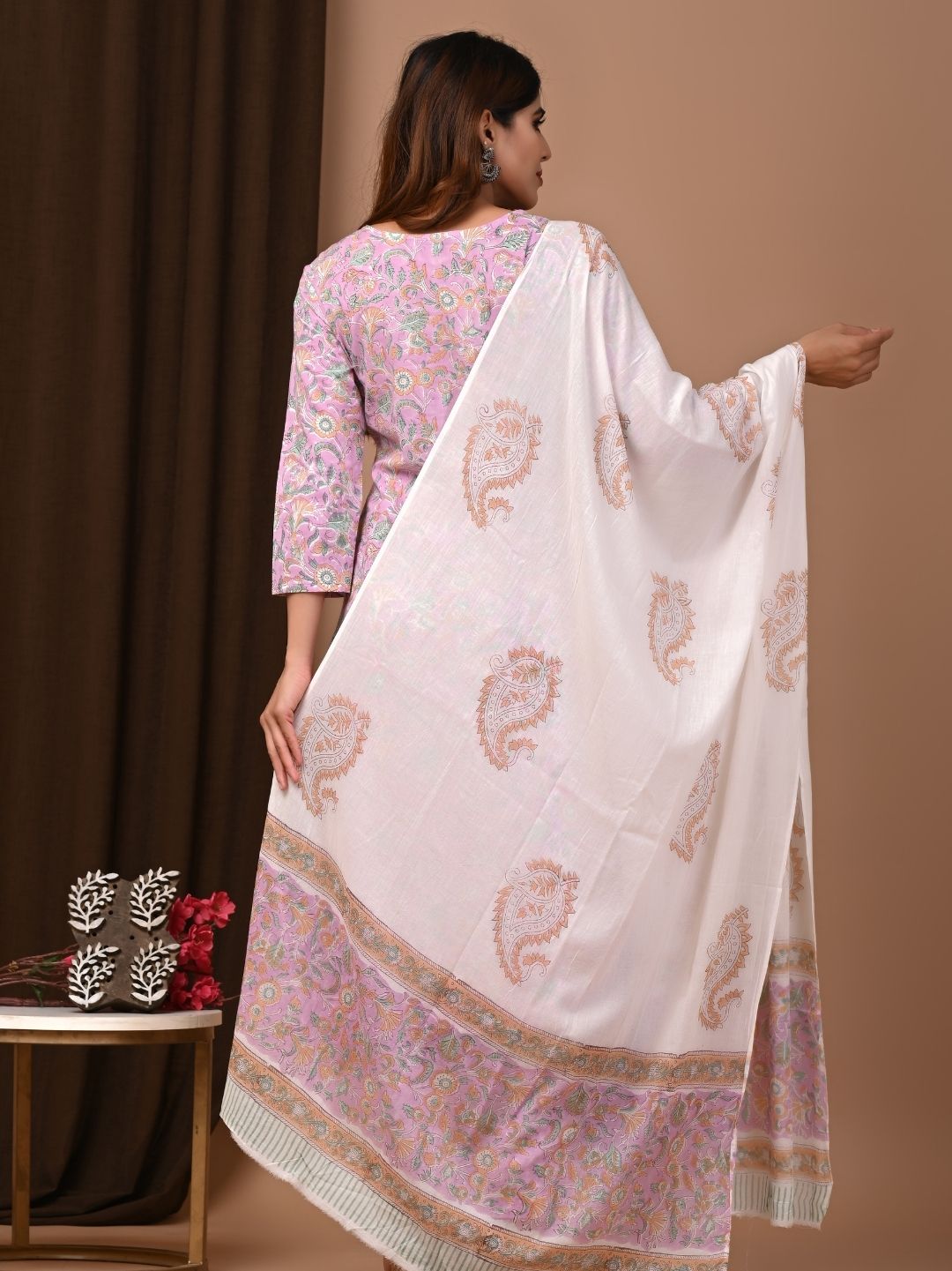 Pastel Jaal Print Cotton Stitched Suit with Mulmul Cotton Dupatta