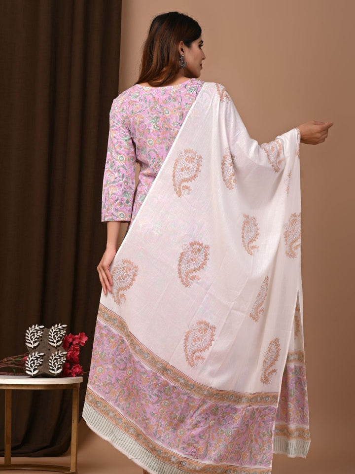 Pastel Jaal Print Cotton Stitched Suit with Mulmul Cotton Dupatta