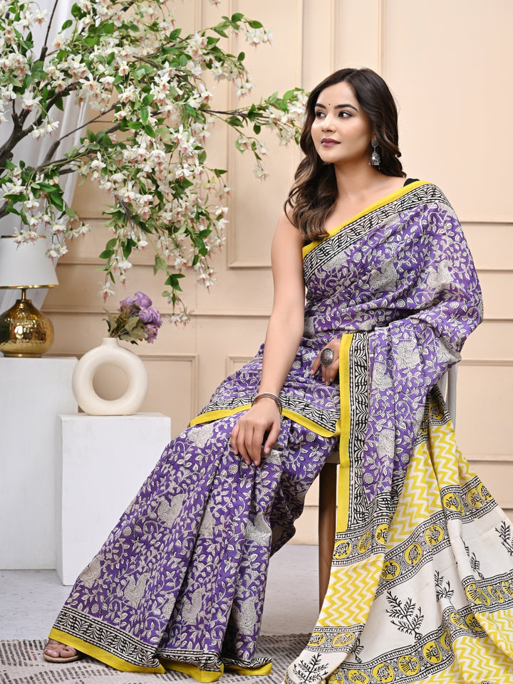 Purple Yellow Bagru Handblock Printed Mulmul Cotton Saree with Blouse