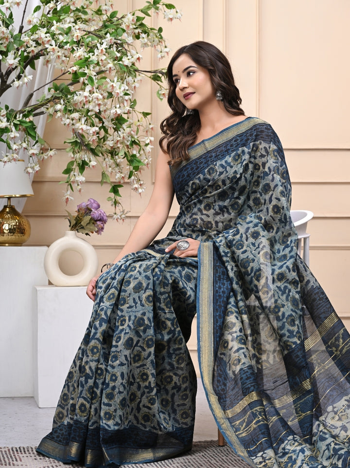 Timeless Vanaspati Ajrakh Indigo Dye Maheshwari Silk Saree with Blouse