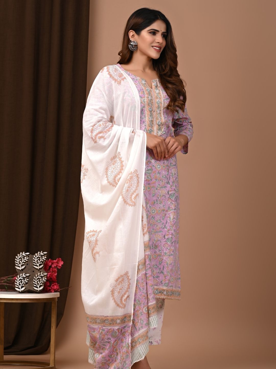 Pastel Jaal Print Cotton Stitched Suit with Mulmul Cotton Dupatta