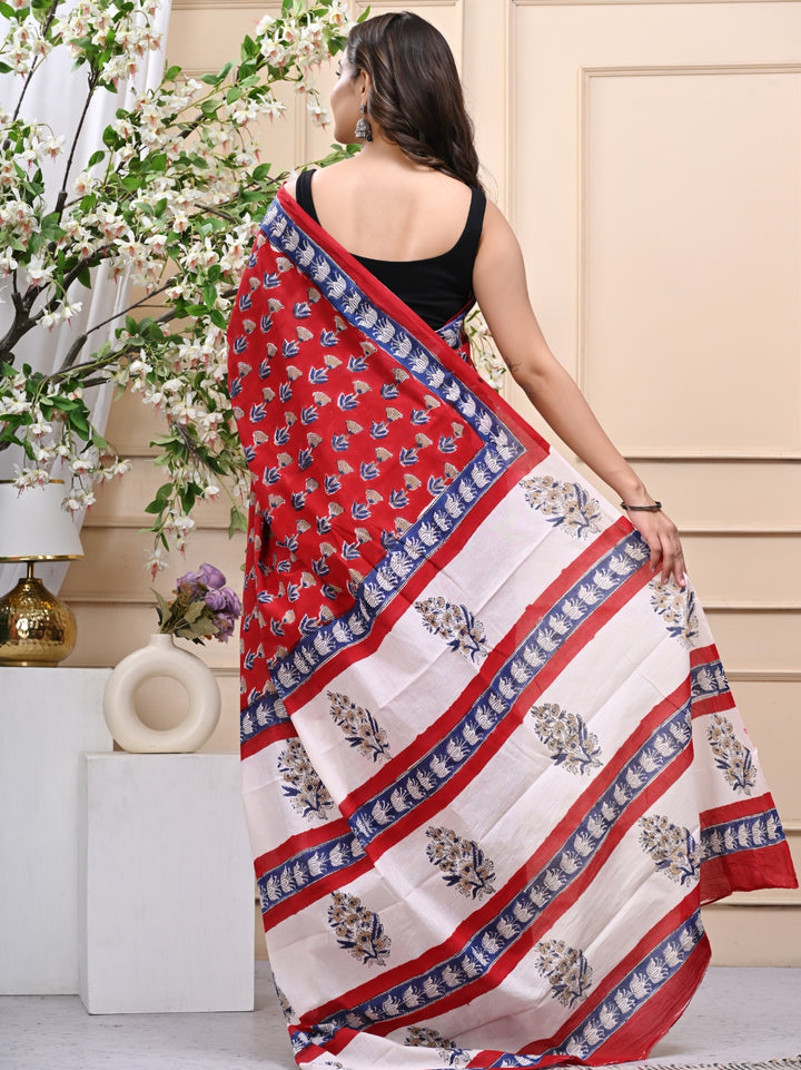Red Bagru Handblock Printed Mulmul Cotton Saree with Blouse