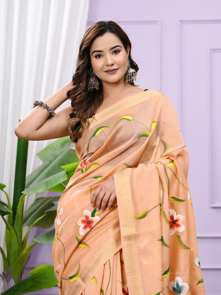 Premium Brush Painted Maheshwari Silk Saree