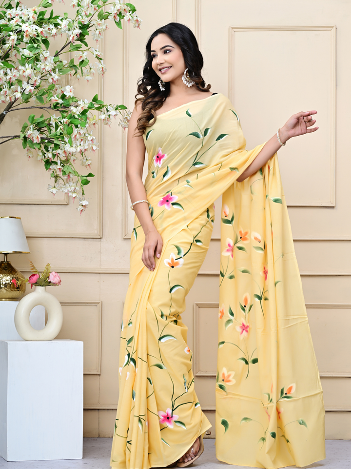 Yellow Brush Print Mulmul Cotton Saree