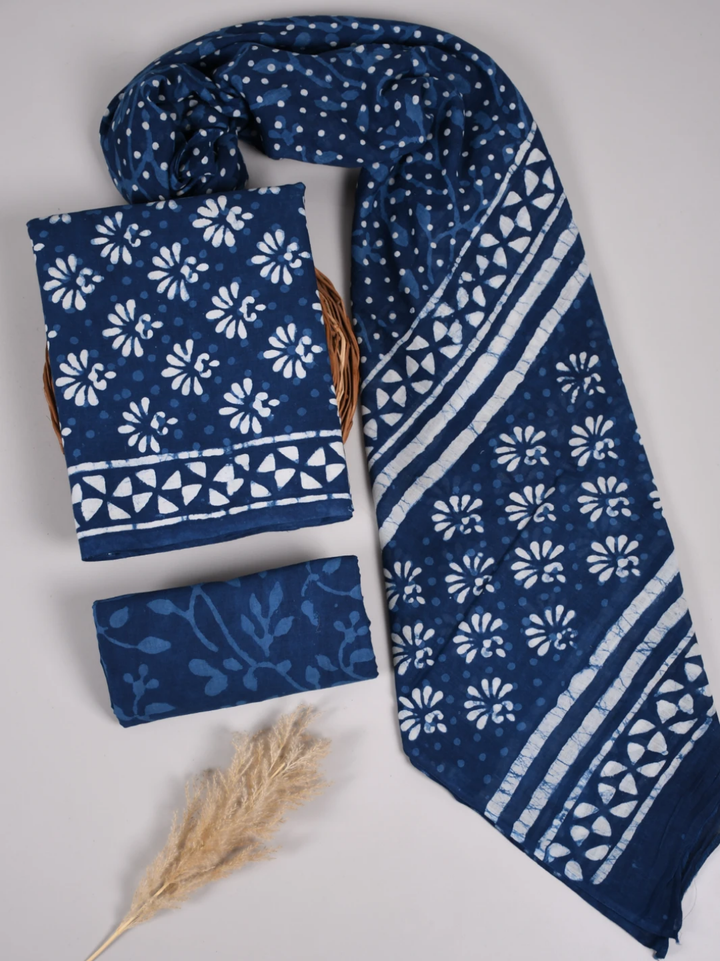 Indigo Dabu Block Printed Cotton Suit with Soft Mulmul Dupatta