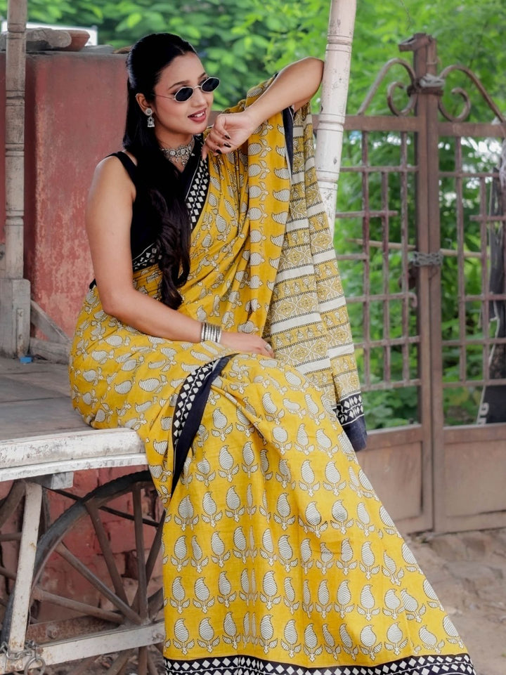 Exclusive Yellow Kerry Design Bagru HandBlock Pure Mul Cotton Saree