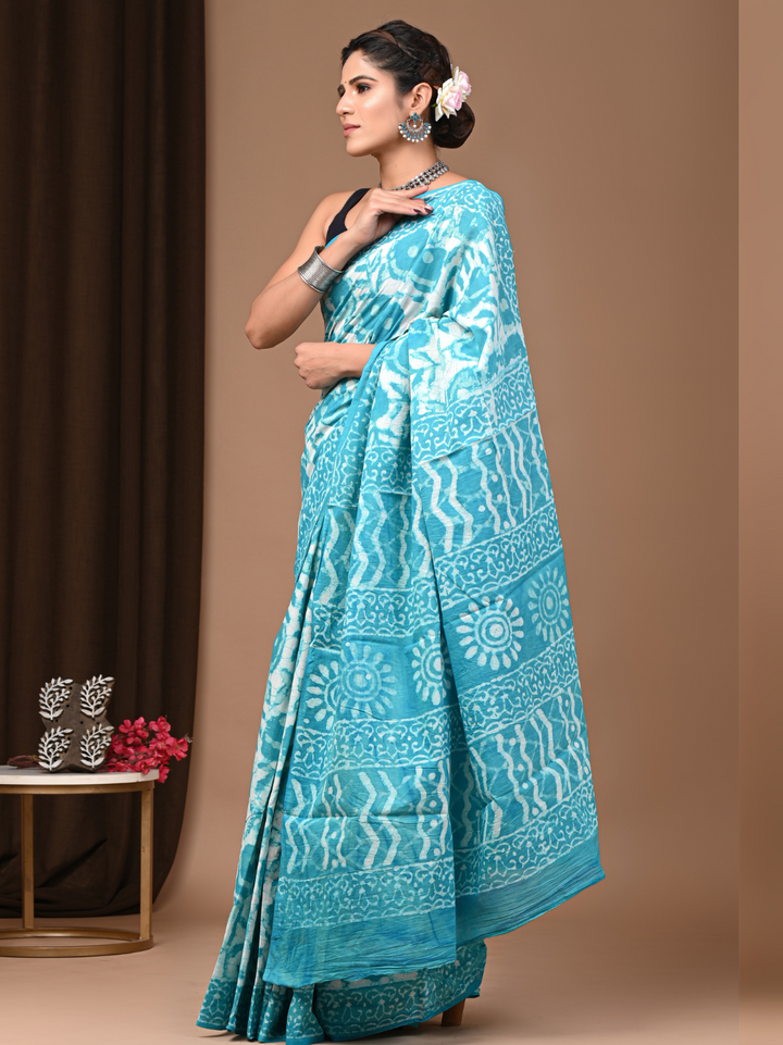 Dabu Handblock Printed C Green Dyed Mulmul Cotton Saree