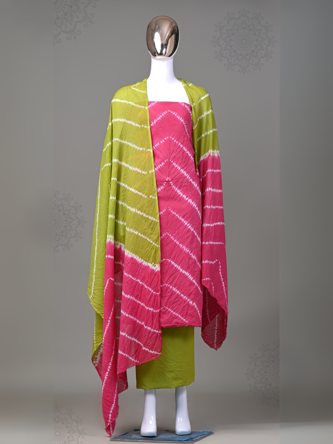 Pink & Parrot Green Shibori Cotton Suit with Mulmul Dupatta