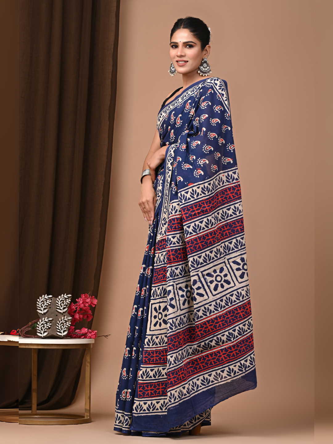 Navy Blue Handblock Printed Mulmul Cotton Saree