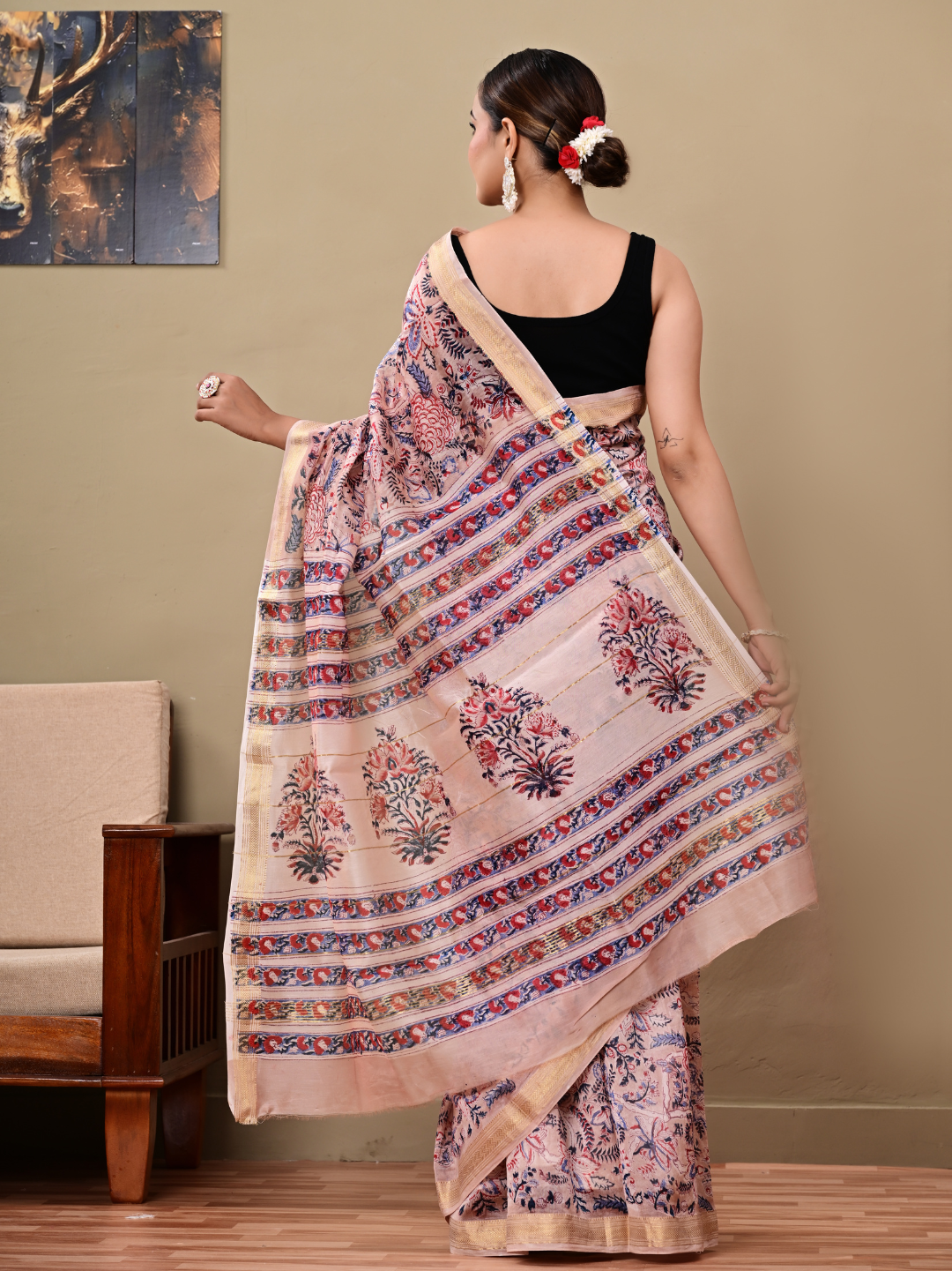 Bagru Block Printed Maheshwari Silk Saree