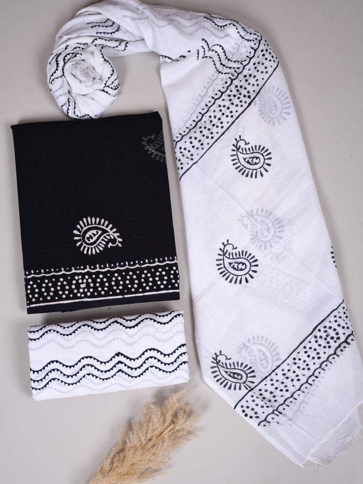 Black in White Print Cotton Suit With Soft Mul Cotton Dupatta