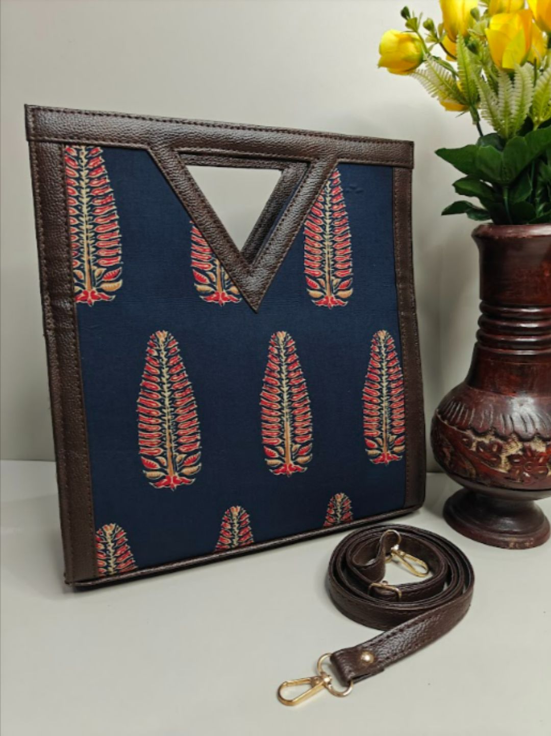 Ajrakh Butta Cotton Fabric Kit-Kat (V Cut) Hand Bag