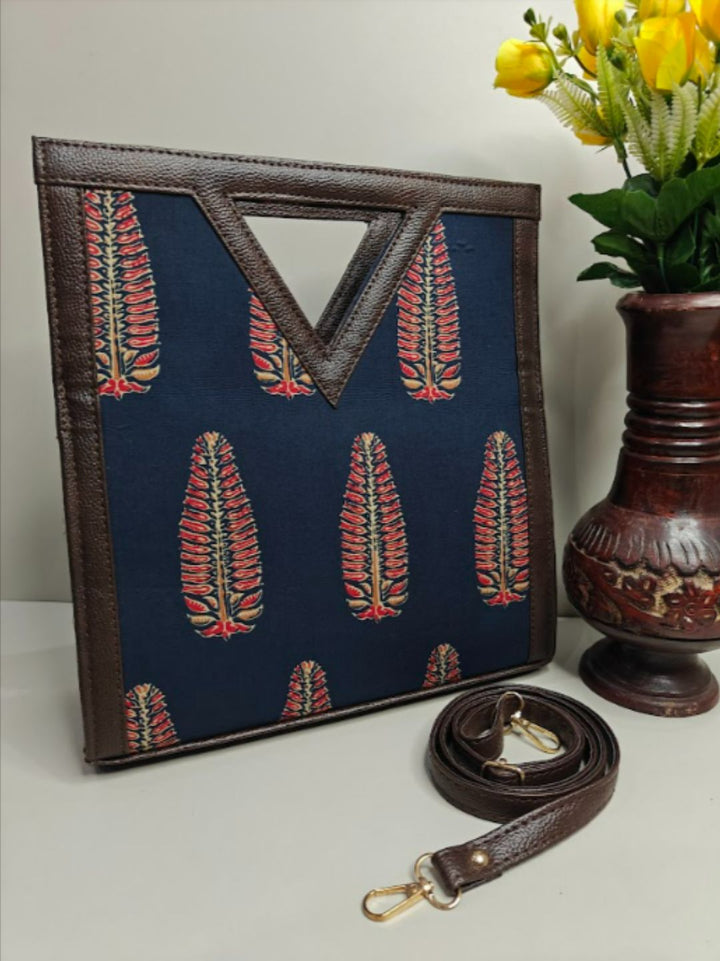 Ajrakh Butta Cotton Fabric Kit-Kat (V Cut) Hand Bag