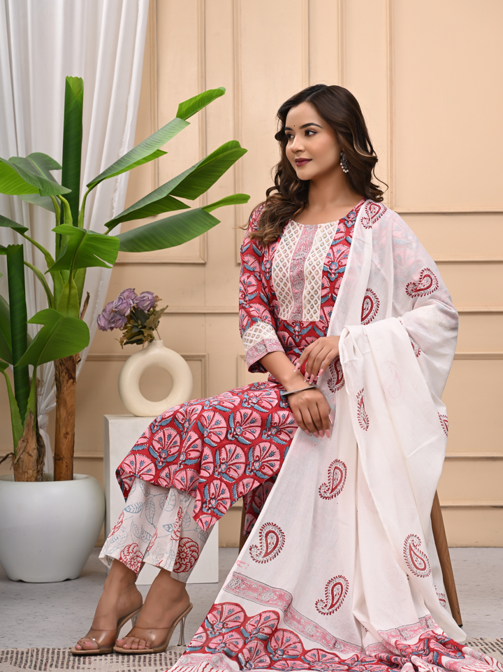 Red Bagru Print Cotton Stitched Suit with Mulmul Dupatta
