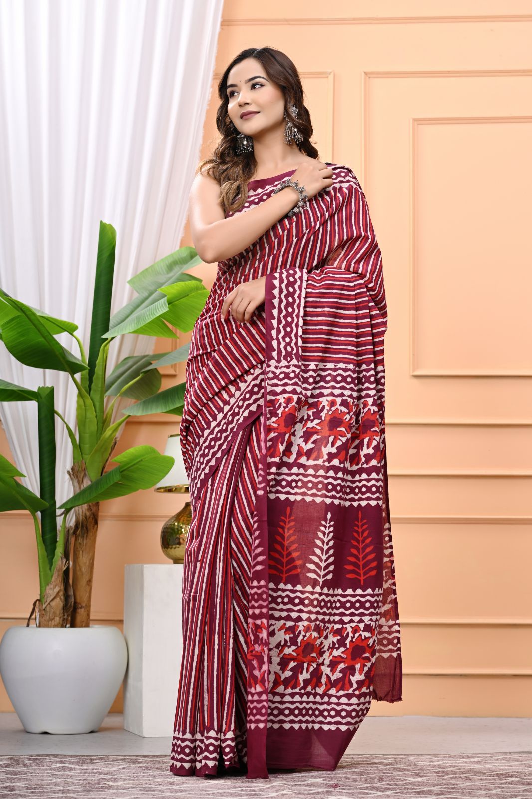 Lines Design Hand Block Printed Mulmul Cotton Saree