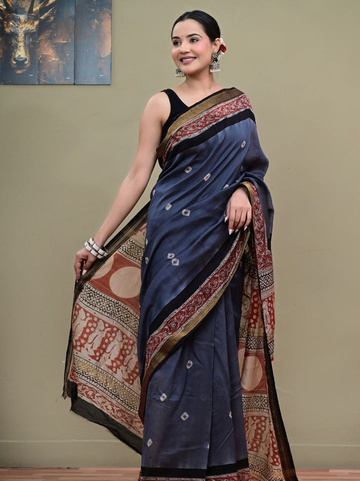 Bagru print With Bandhej pattern HandBlock Pure Maheshwari Silk Saree