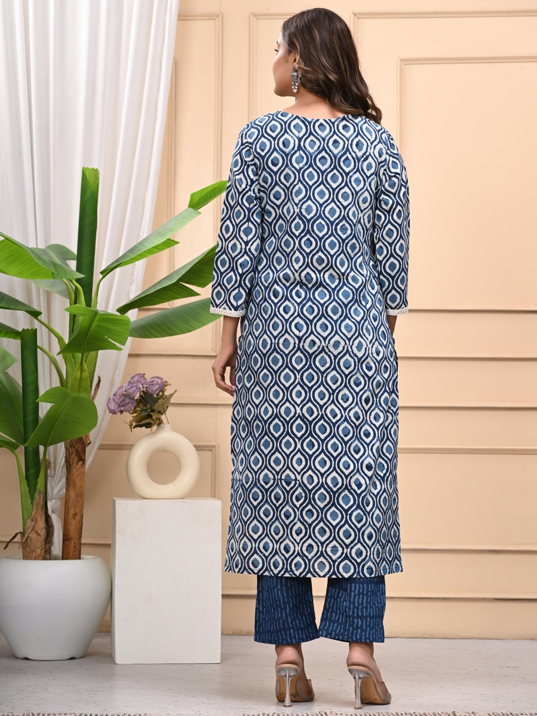 Indigo Bagru Handblock Printed Cotton Suit With Mulmul Dupatta