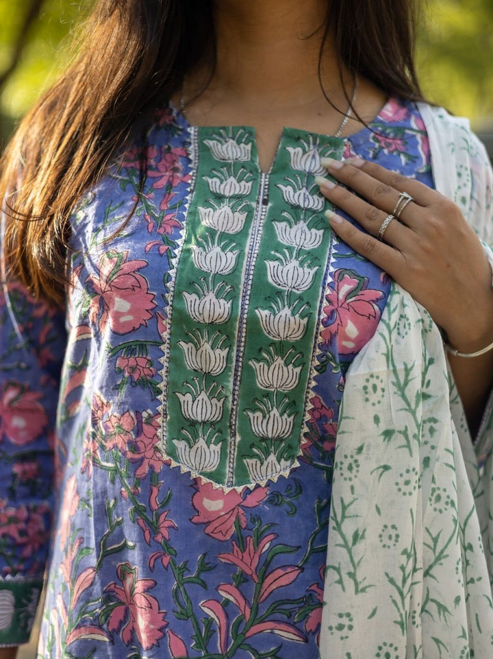 Purple Block Printed Cotton Suit with Mulmul Dupatta