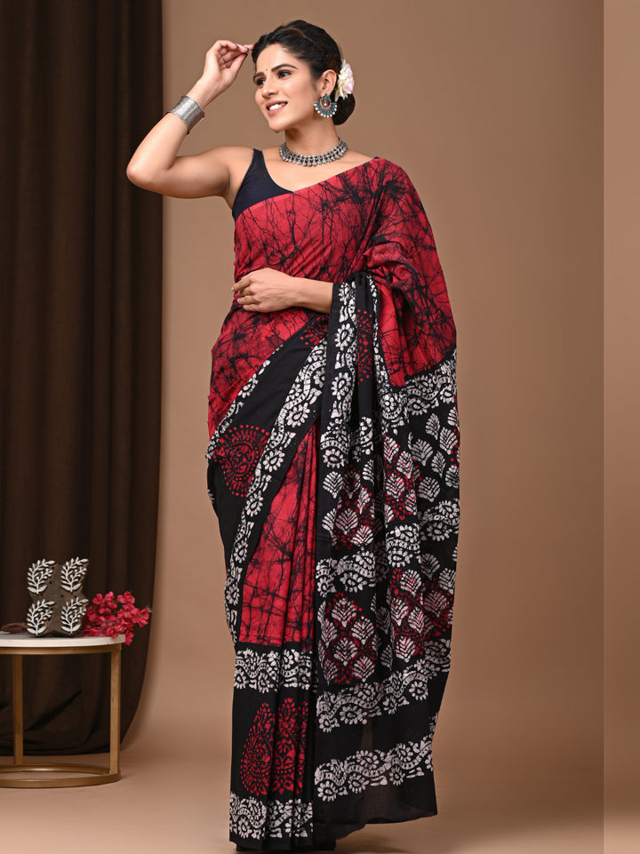 Red & Black Batik Print Mulmul Cotton Saree – Handblock Bagru Print