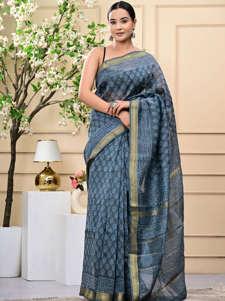 Traditional Wooden Block Printed Maheshwari Silk Sarees With Blouse