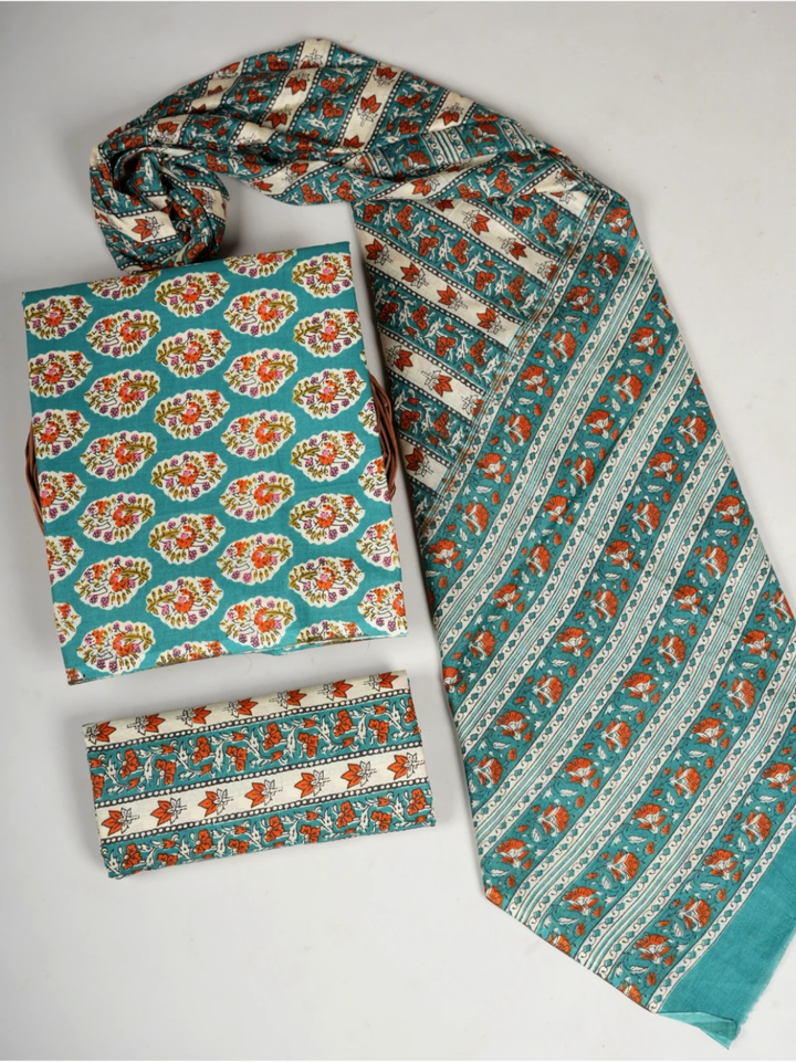 Bagru Hand Block Printed Cotton Suit Set with Mul Cotton Dupatta