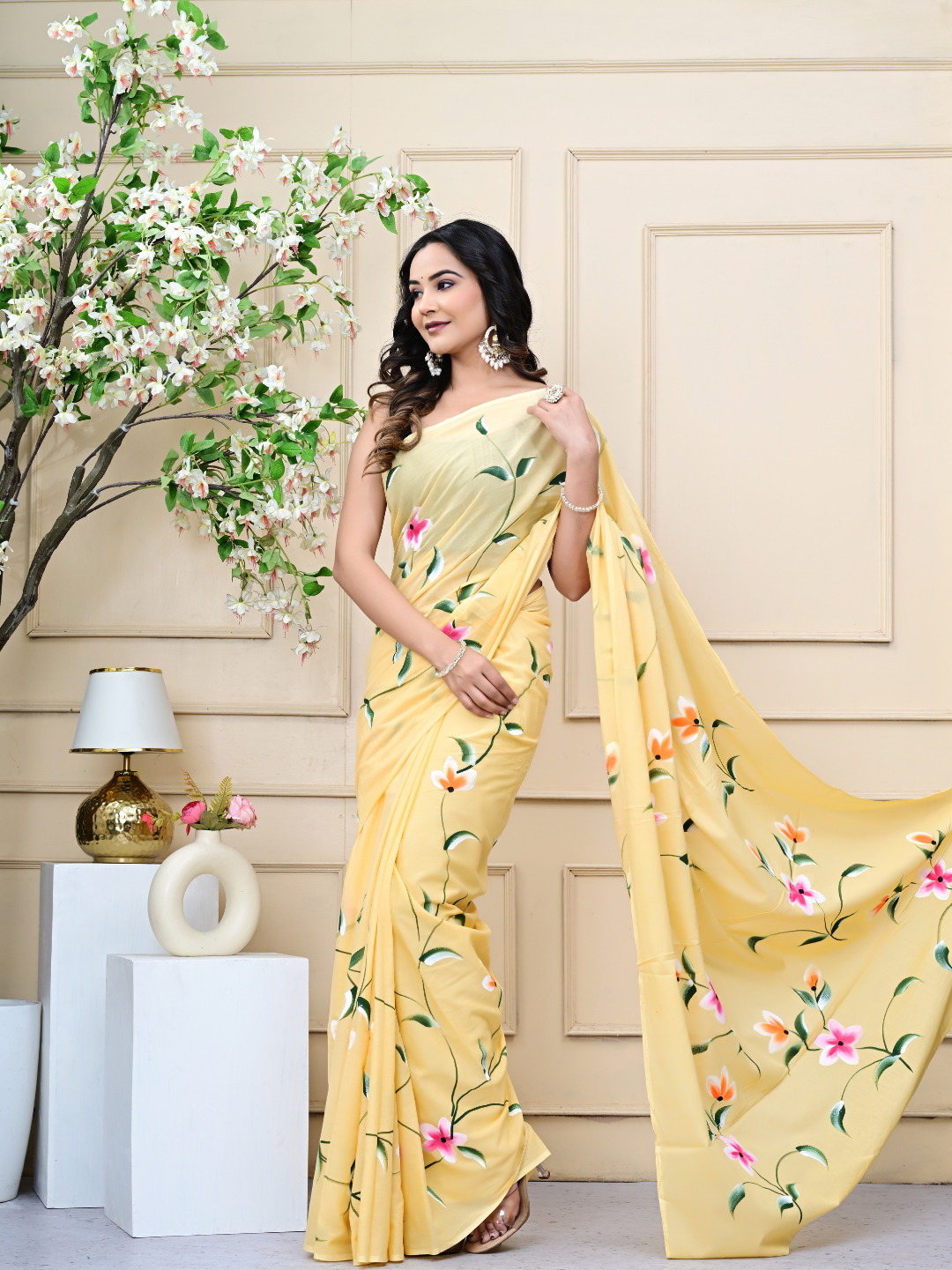 Yellow Brush Print Mulmul Cotton Saree