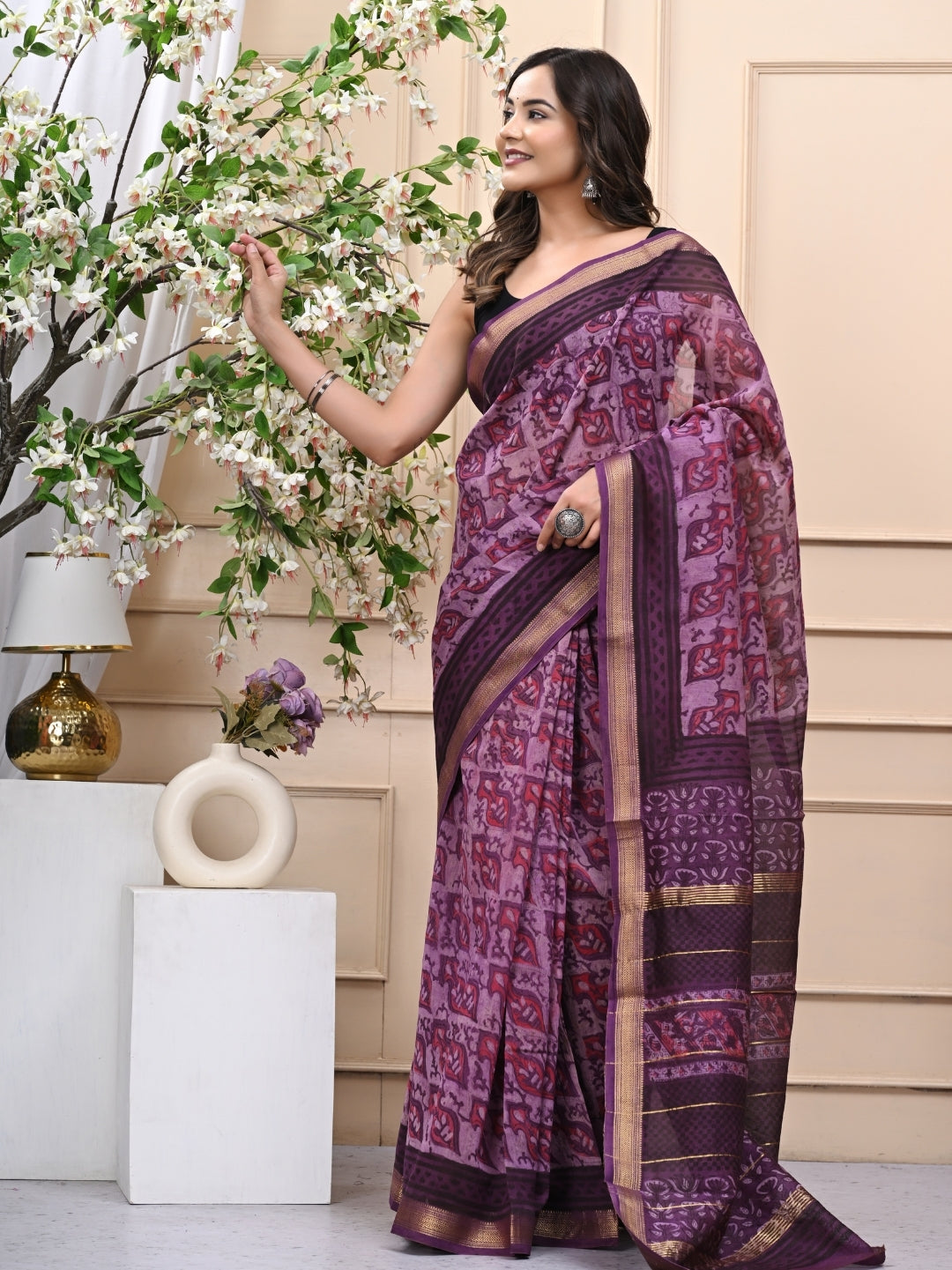 Graceful Vanaspati Ajrakh Maheshwari Silk Saree with Blouse