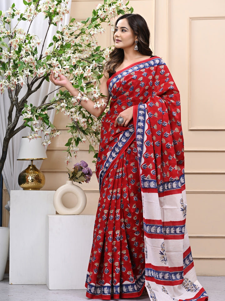 Red Bagru Handblock Printed Mulmul Cotton Saree with Blouse