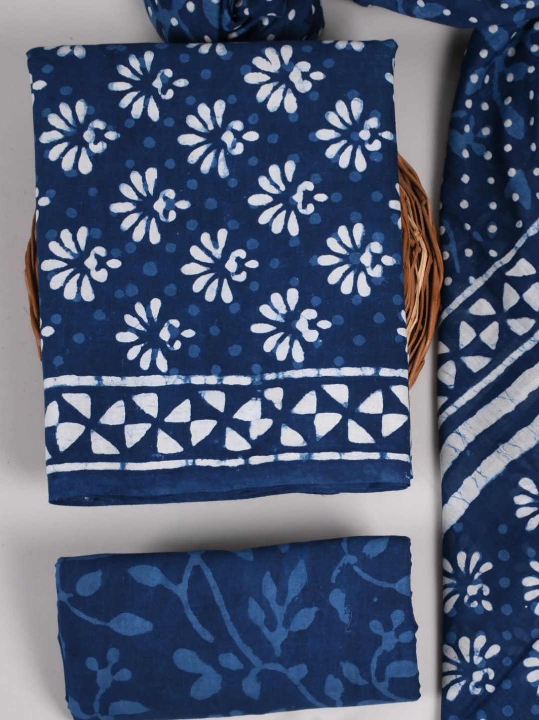 Indigo Dabu Block Printed Cotton Suit with Soft Mulmul Dupatta