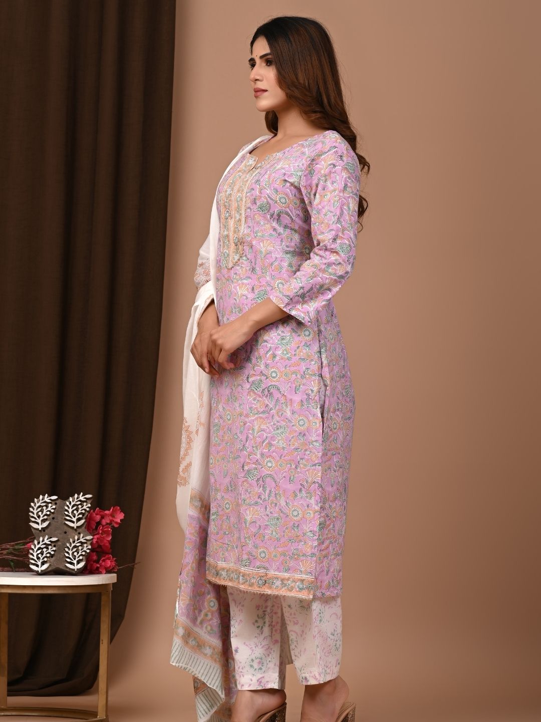 Pastel Jaal Print Cotton Stitched Suit with Mulmul Cotton Dupatta