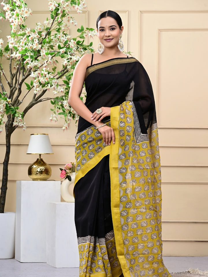 Black Yellow Bagru Handblock Print Maheshwari Silk Sarees