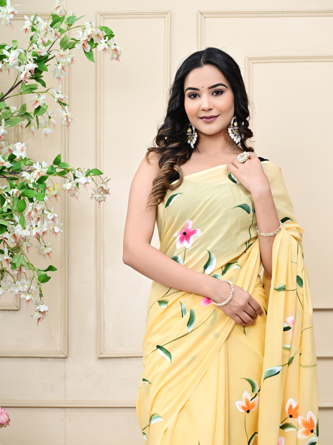 Yellow Brush Print Mulmul Cotton Saree
