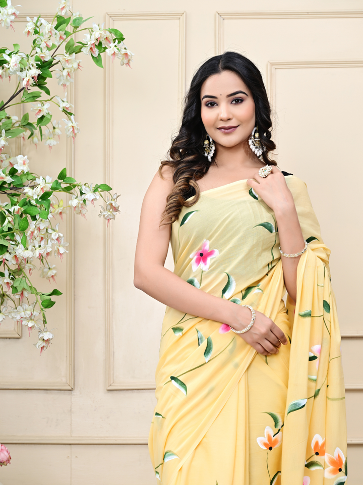 Yellow Brush Print Mulmul Cotton Saree