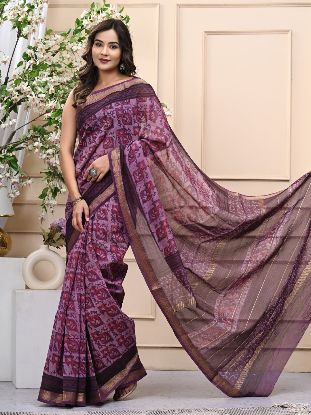 Graceful Vanaspati Ajrakh Maheshwari Silk Saree with Blouse