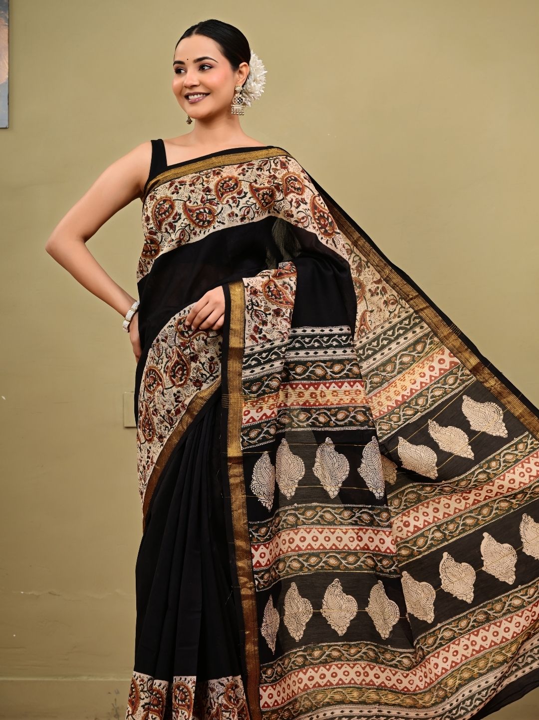 Traditional Bagru HandBlock With Black Putai Pure Kota Doriya Saree