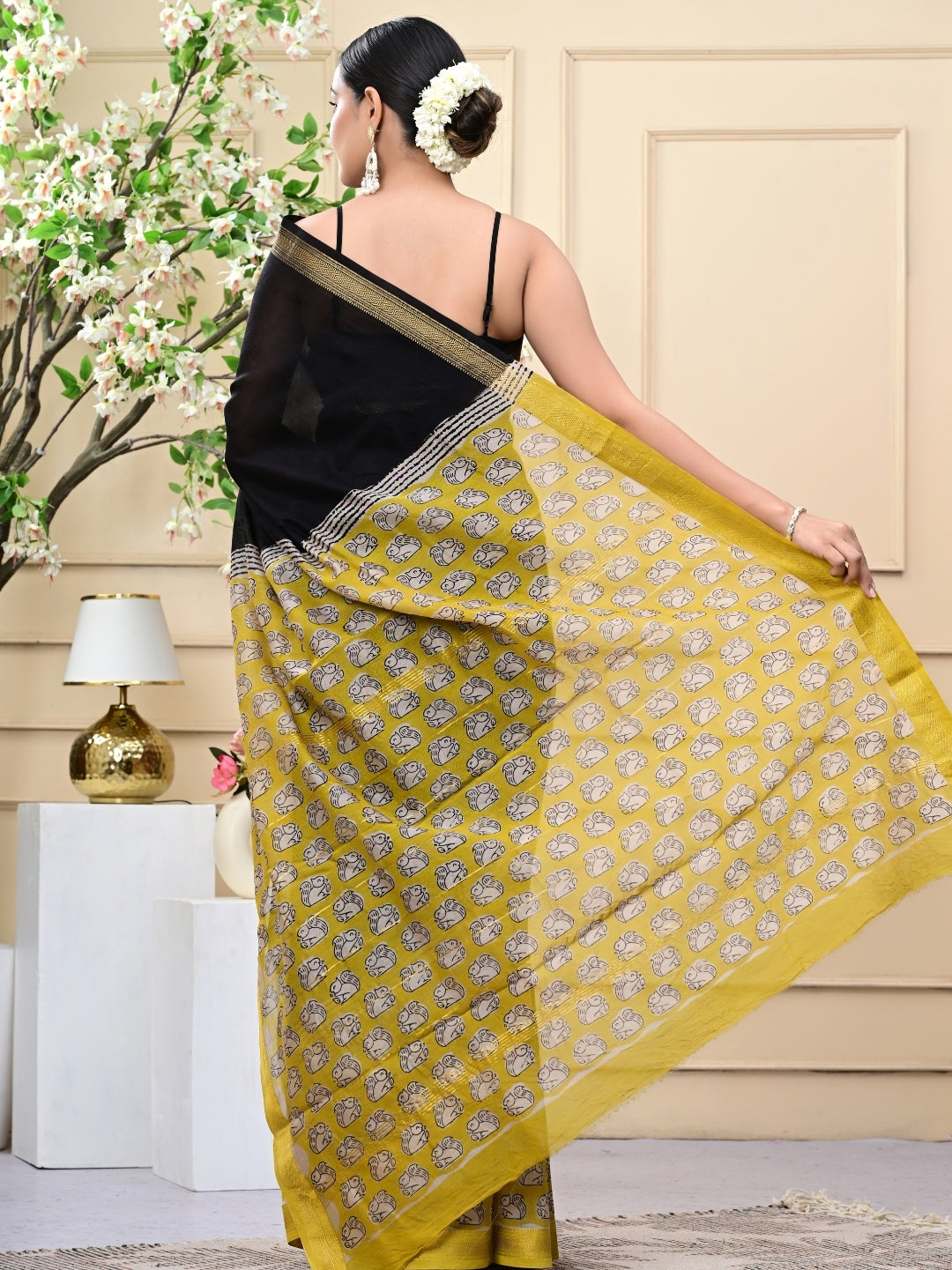 Black Yellow Bagru Handblock Print Maheshwari Silk Sarees