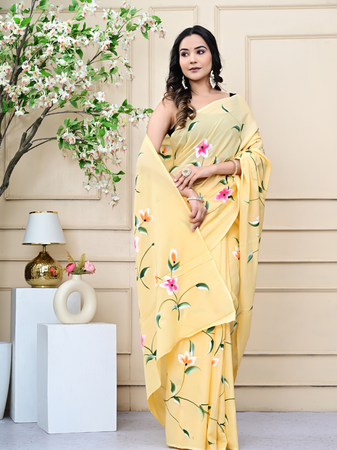 Yellow Brush Print Mulmul Cotton Saree