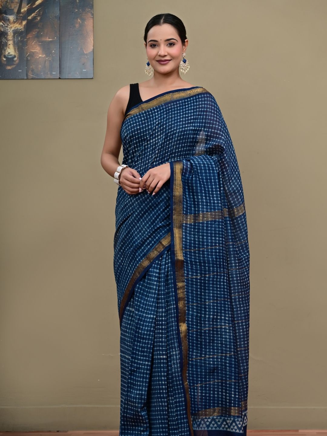Indigo Check Box Design HandBlock Pure Maheshwari Silk Saree